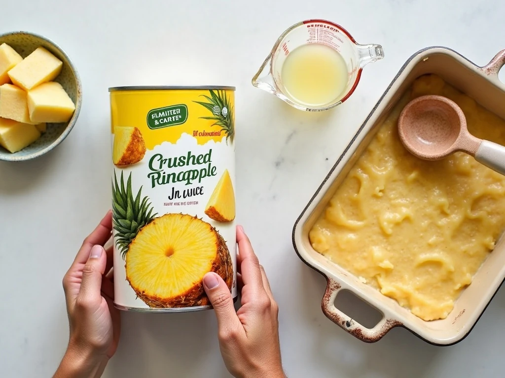 Three ingredients for pineapple dump cake with baking dish