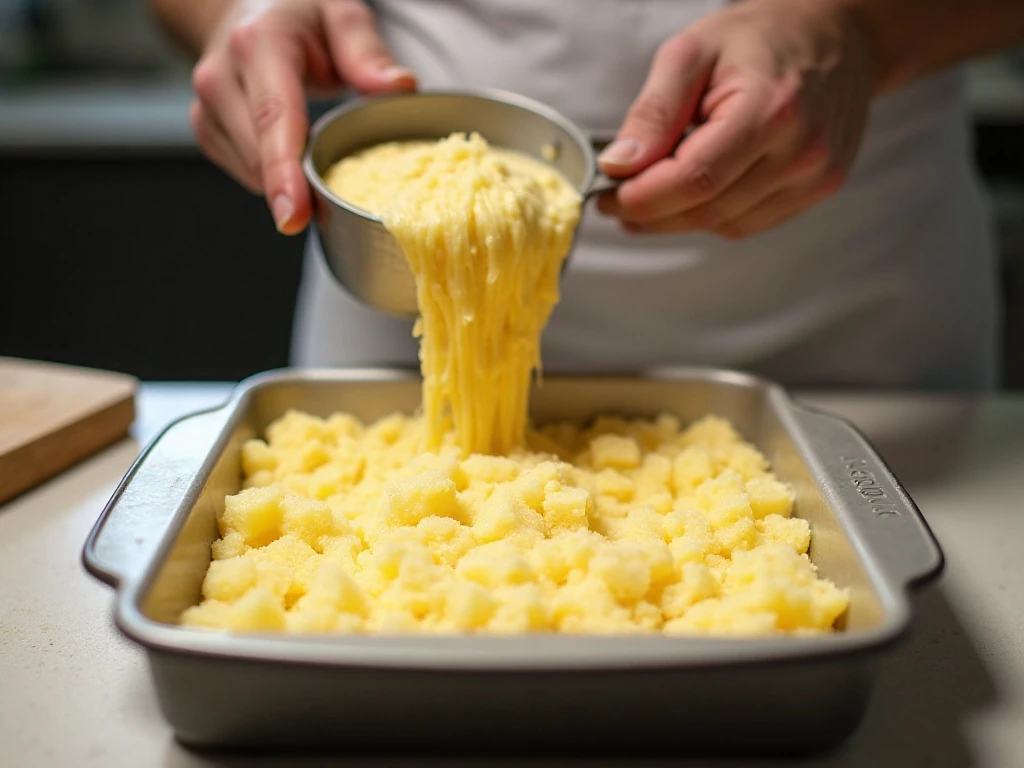 Even layers of undrained pineapple and yellow cake mix in baking dish