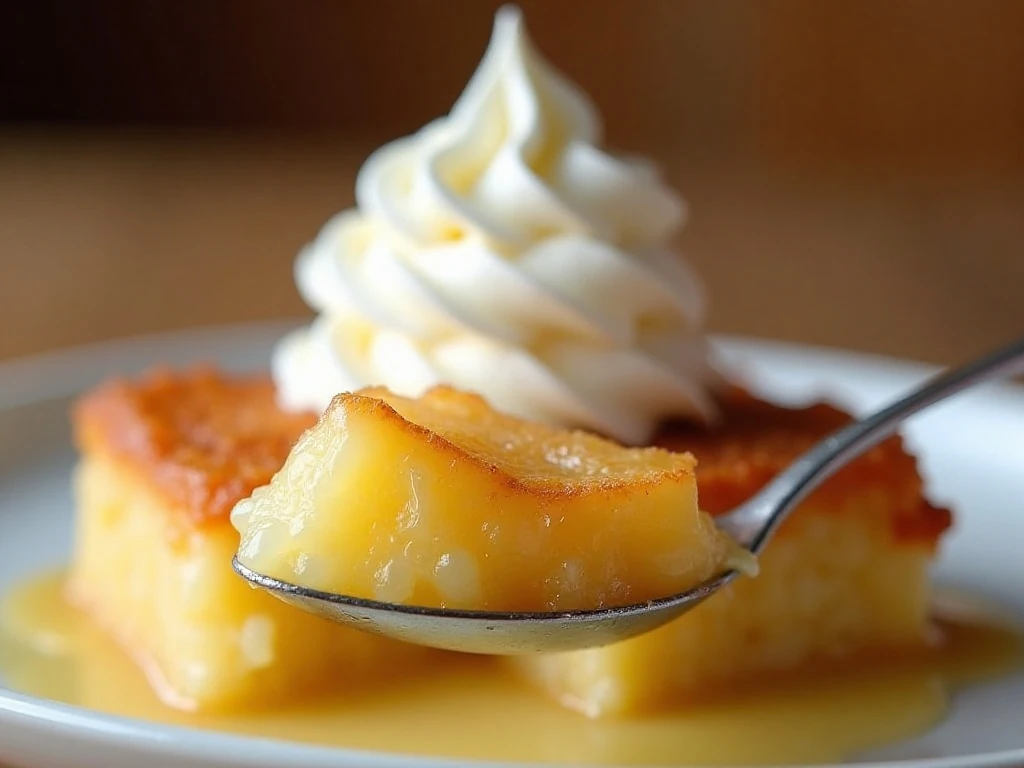 Pineapple dump cake with melting vanilla ice cream and whipped cream