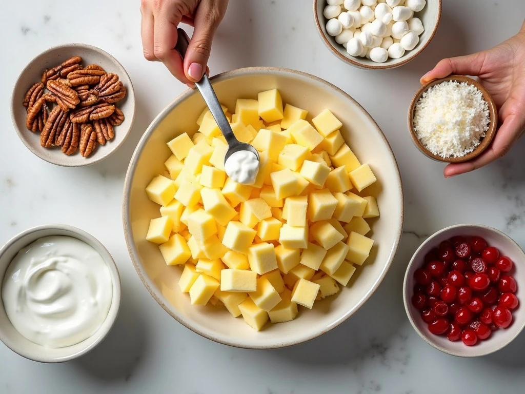 Ingredients for pineapple fluff salad arranged on a counter