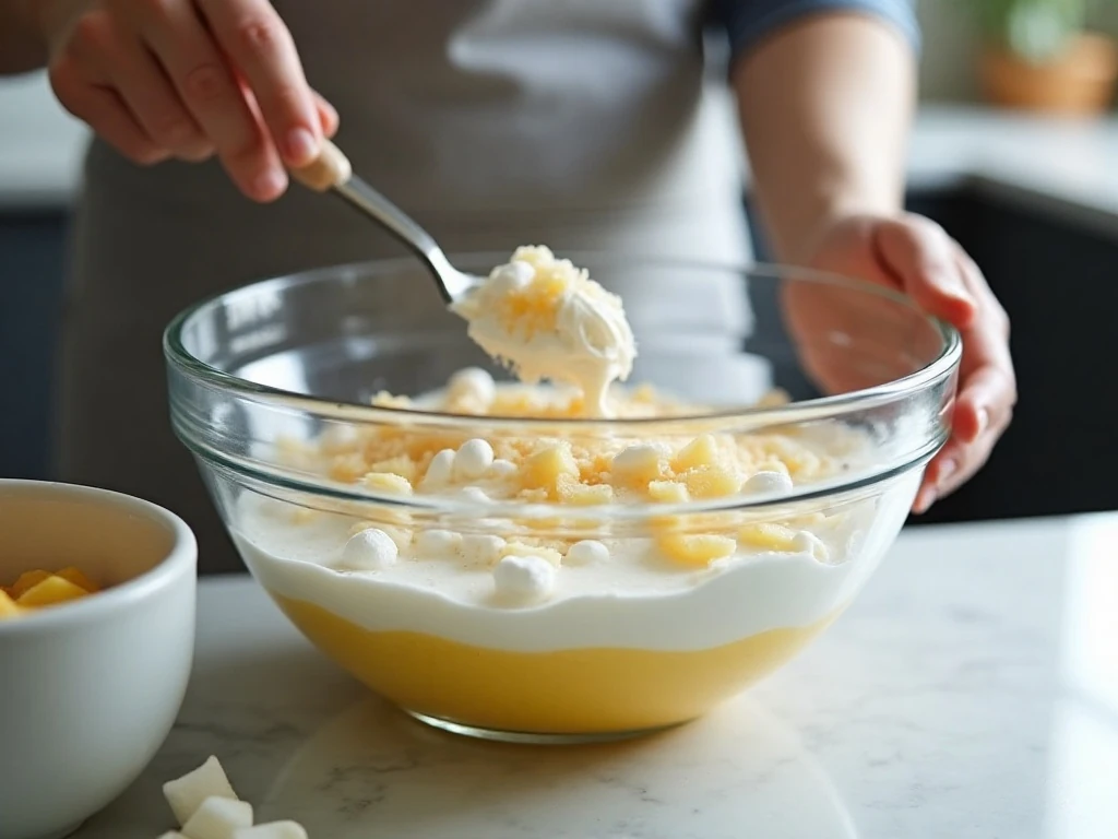 Gently folding ingredients together for pineapple fluff salad