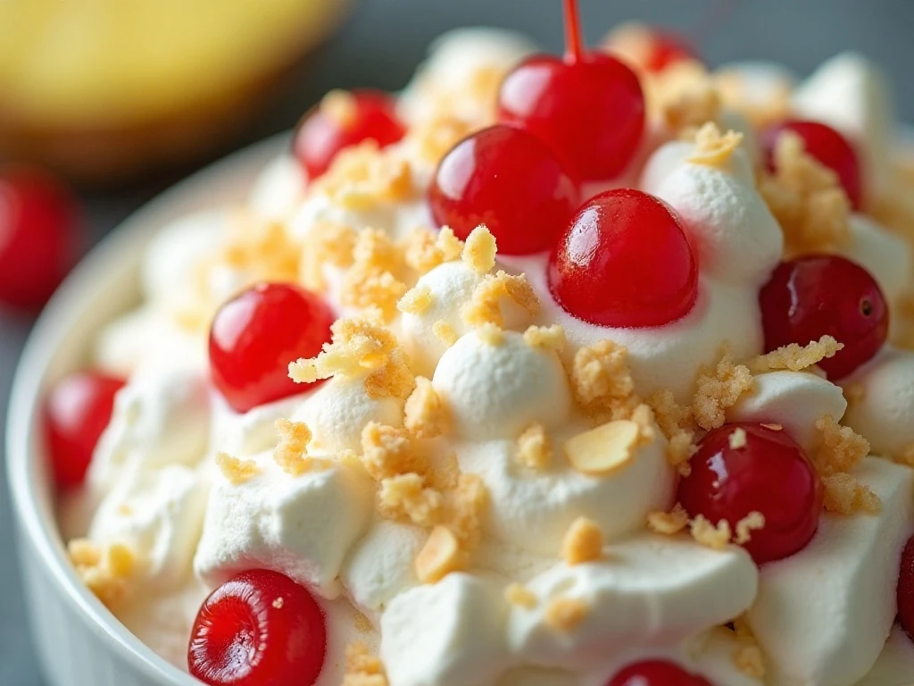 Close-up of pineapple fluff salad with cherry and coconut garnish