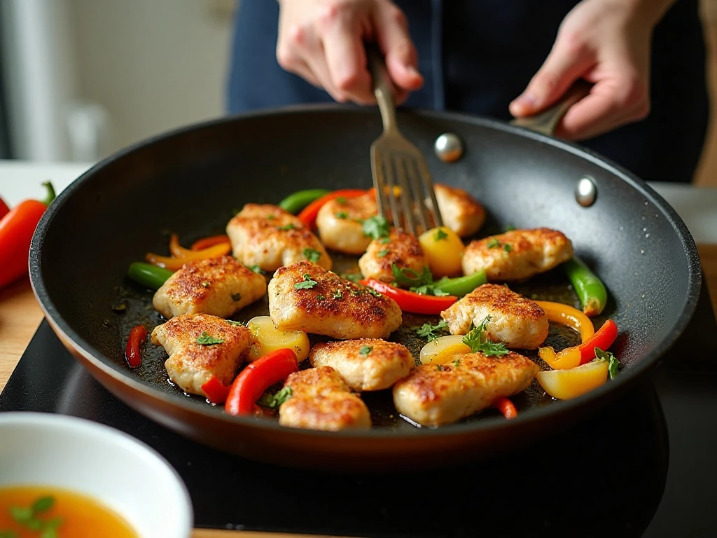 Chicken and vegetables cooking in a skillet for pineapple ginger chicken