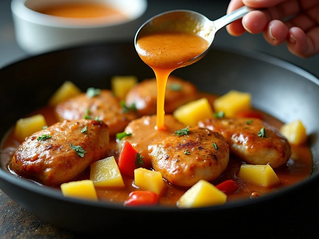 Glossy ginger pineapple sauce coating chicken in a skillet
