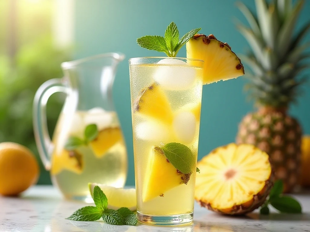 Refreshing pineapple infused water served over ice with mint and lime