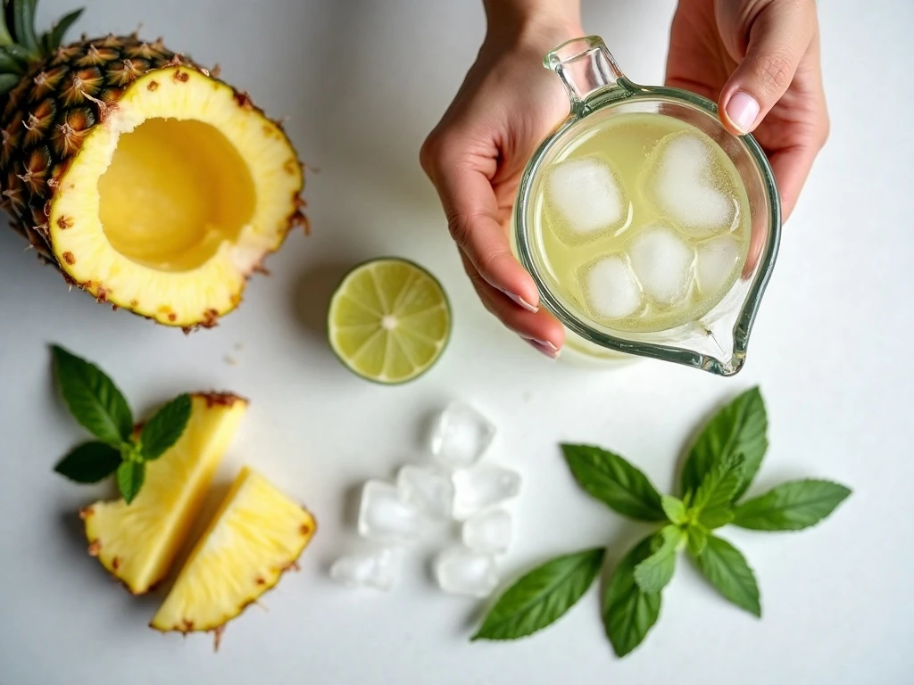 Fresh pineapple, water, mint, lime, and ice for infused water