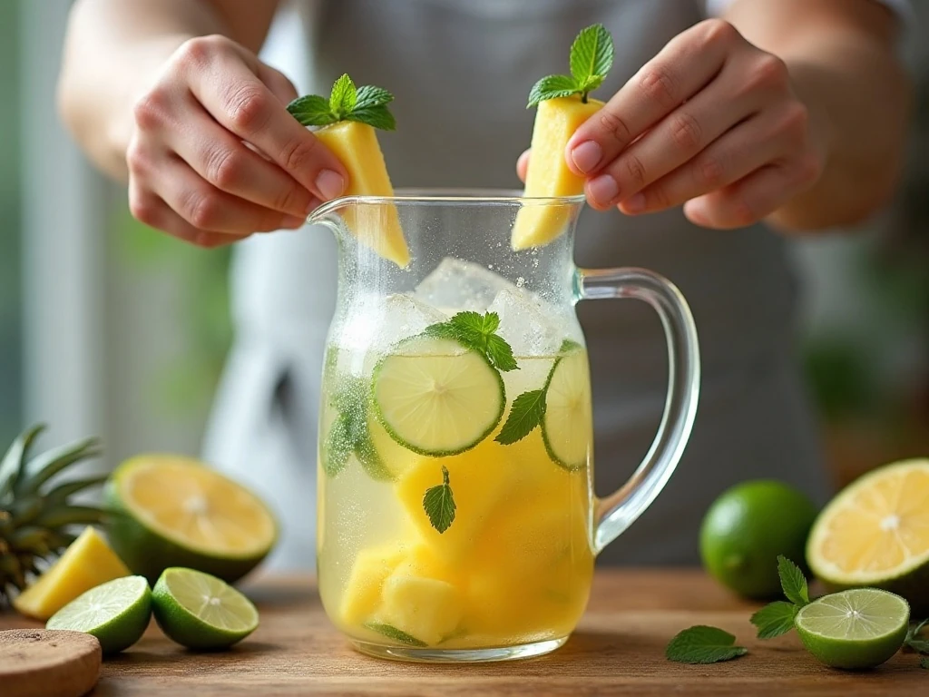 Adding pineapple, mint, and lime to a pitcher for infused water