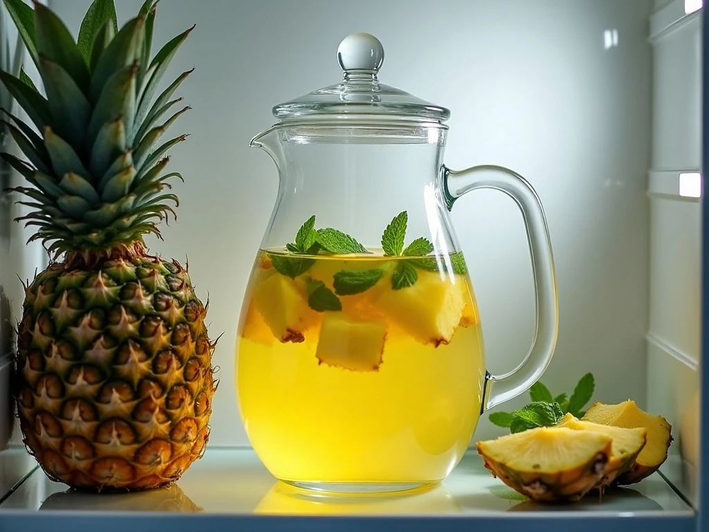 Covered pitcher of pineapple infused water stored in the refrigerator