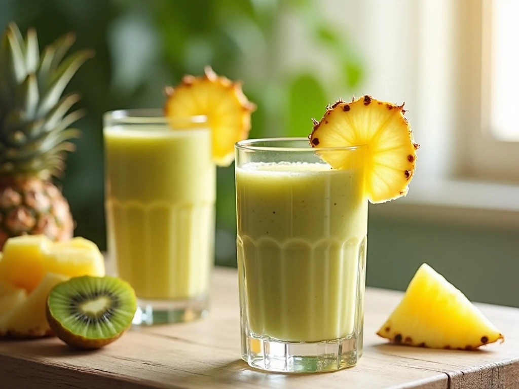 Two refreshing pineapple kiwi smoothies served in clear glasses
