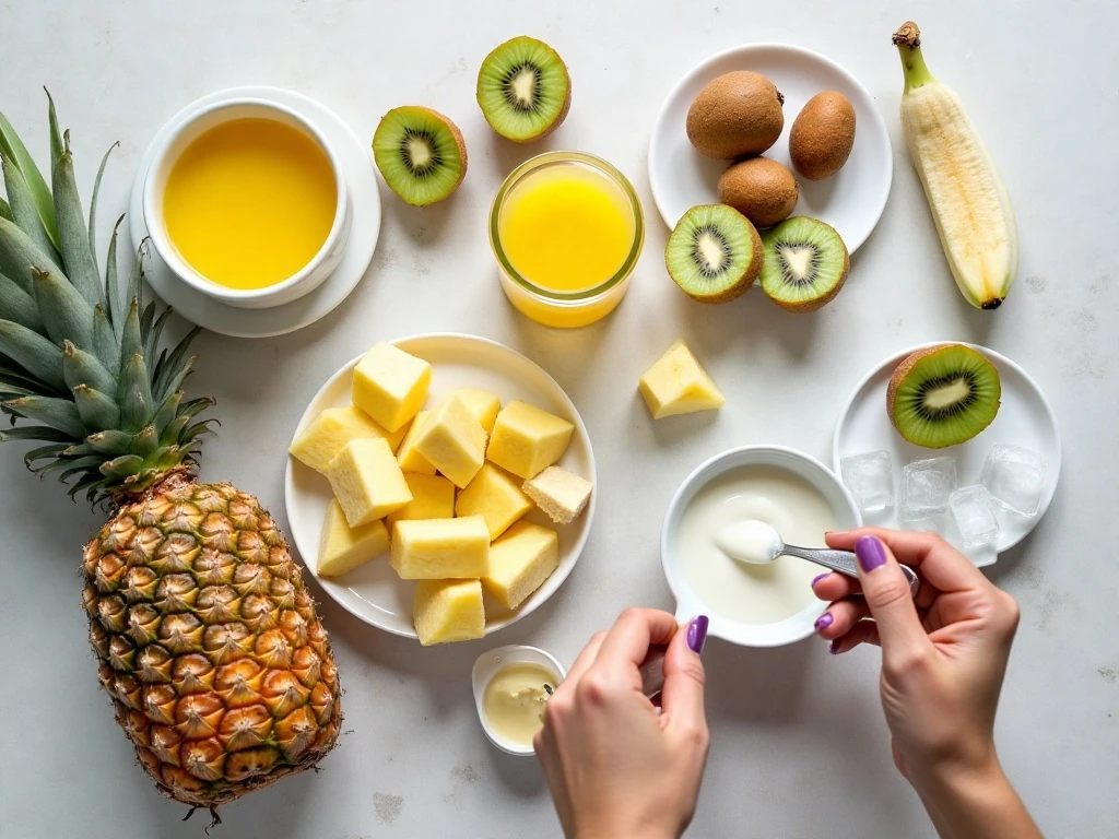 Pineapple kiwi smoothie ingredients arranged for preparation