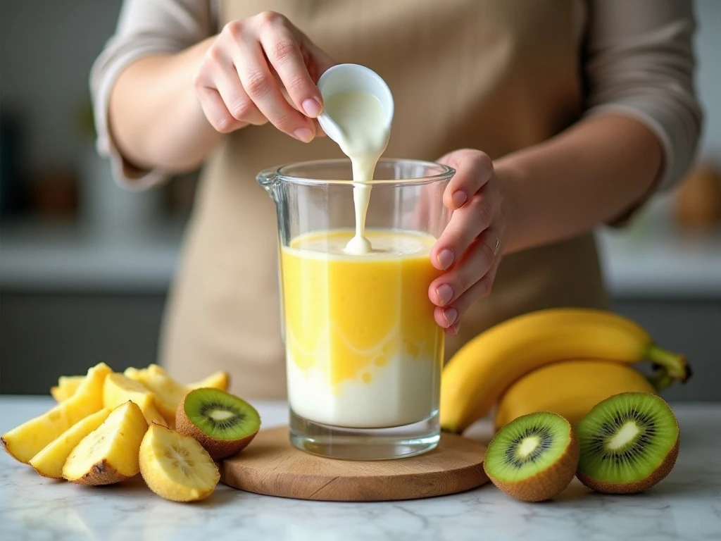 Fruit and liquid being added to a blender for a pineapple kiwi smoothie
