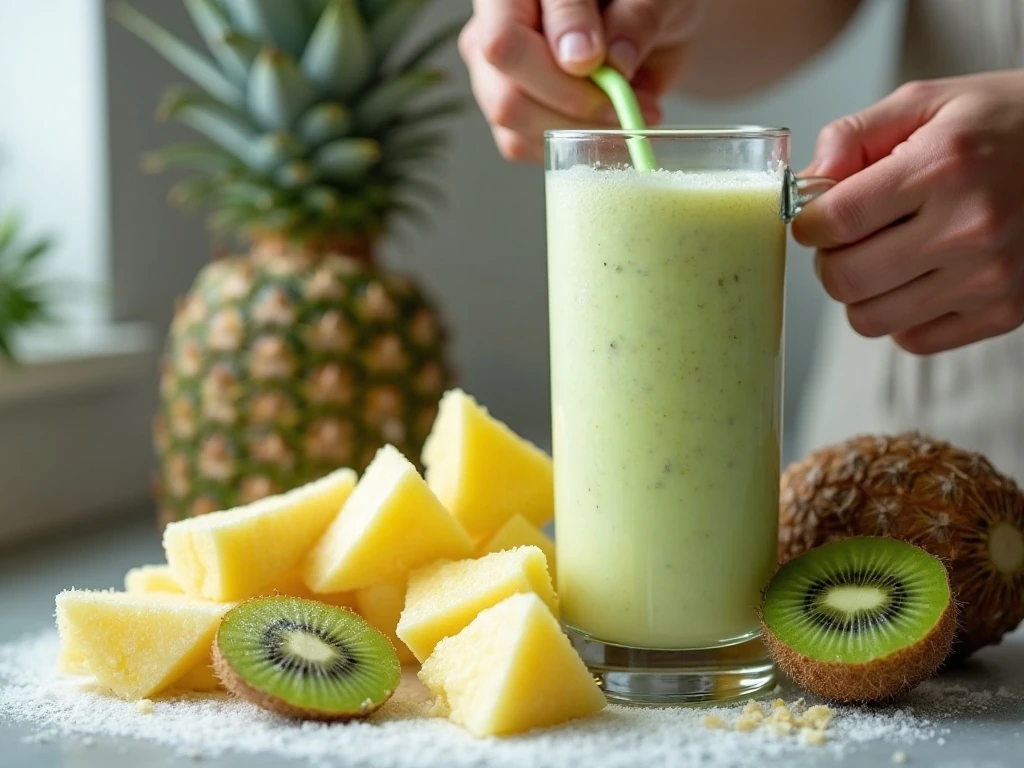 Blended pineapple kiwi smoothie with frozen fruit for a thick texture