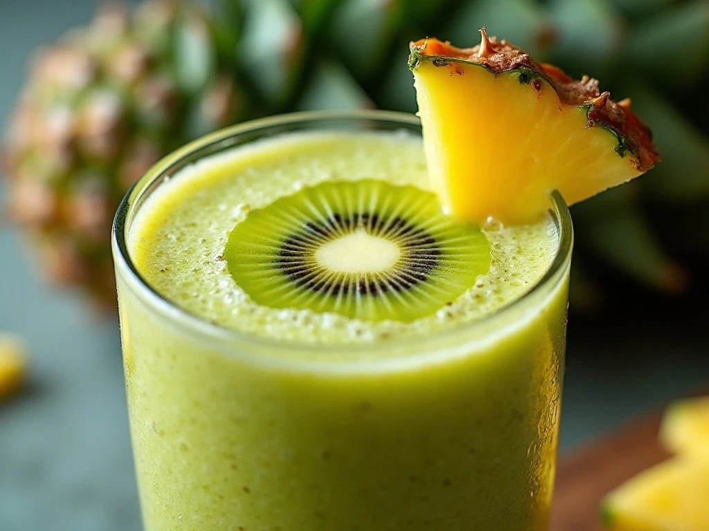 Pineapple kiwi smoothie garnished with fresh kiwi and pineapple