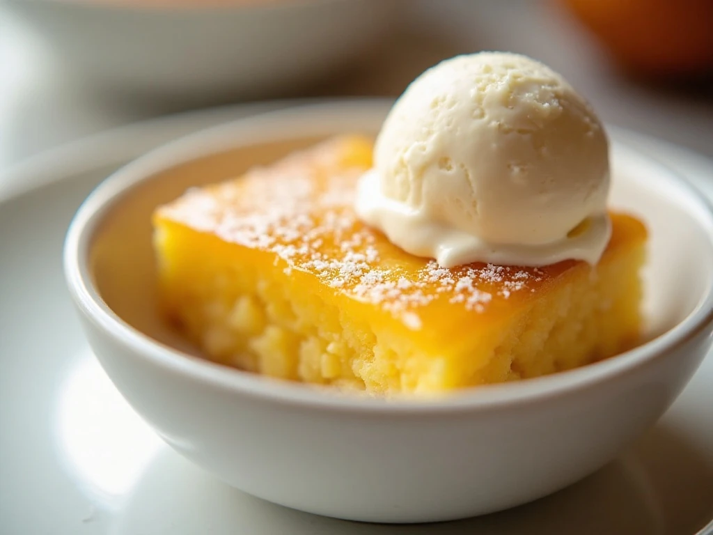 Warm pineapple lemon dessert served with vanilla ice cream