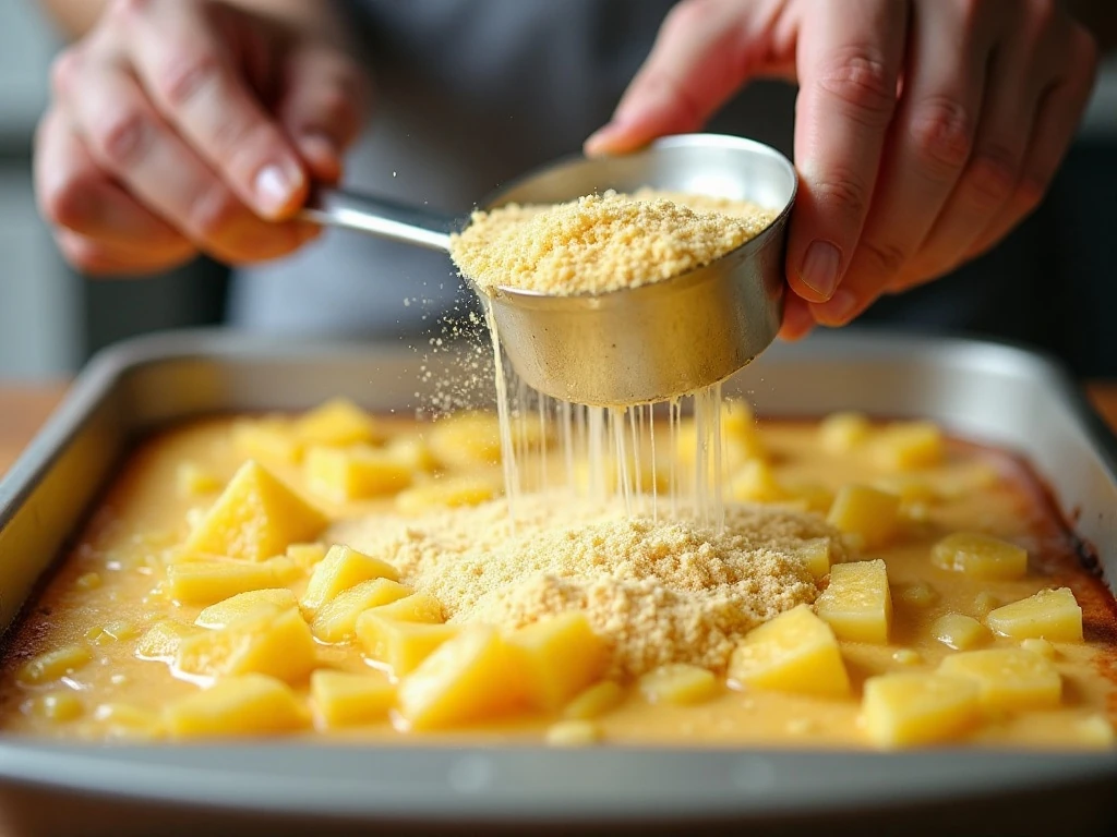 Layering pineapple and lemon cake mix in a baking dish