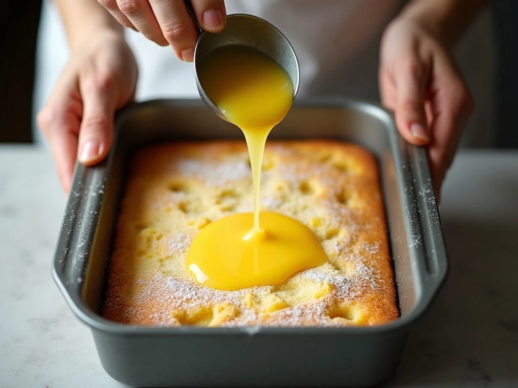 Drizzling melted butter evenly over lemon cake mix