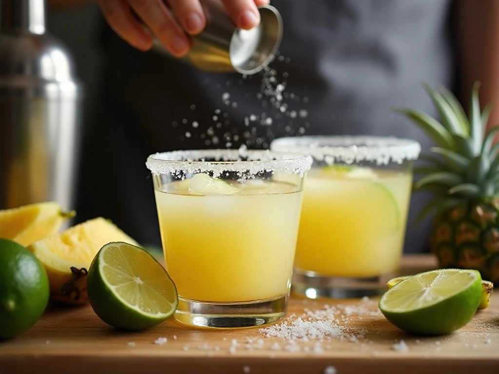Shaking pineapple margarita ingredients with ice
