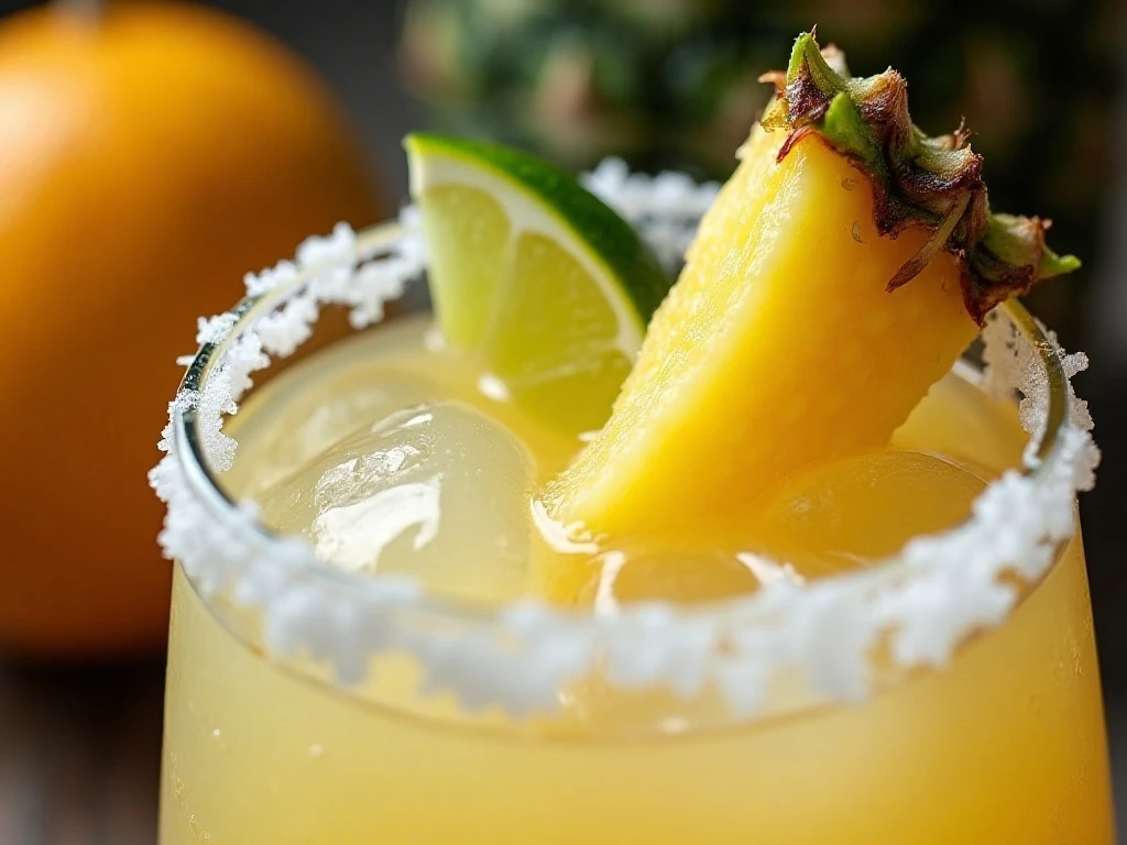 Salt rim and pineapple garnish on a margarita glass