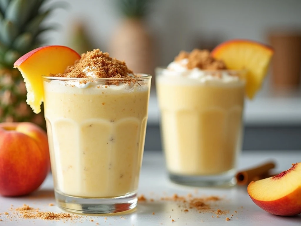 Two creamy pineapple peach pie smoothies topped with graham-cracker crumbs