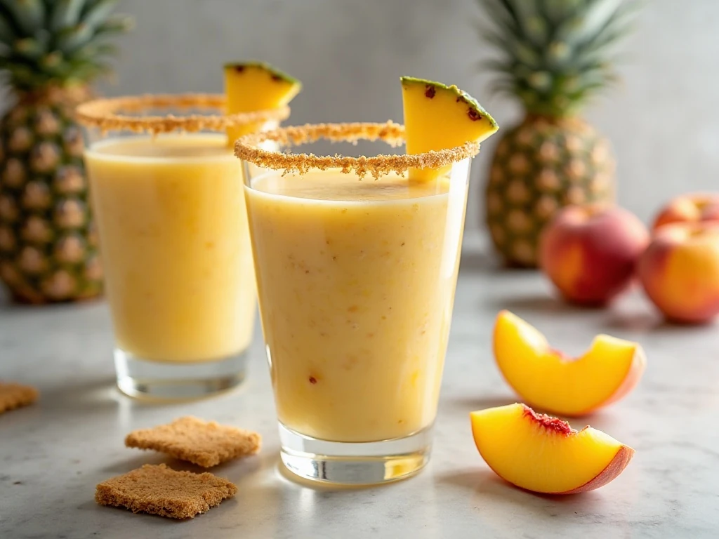 Pineapple peach pie smoothie served in a graham-cracker-rimmed glass