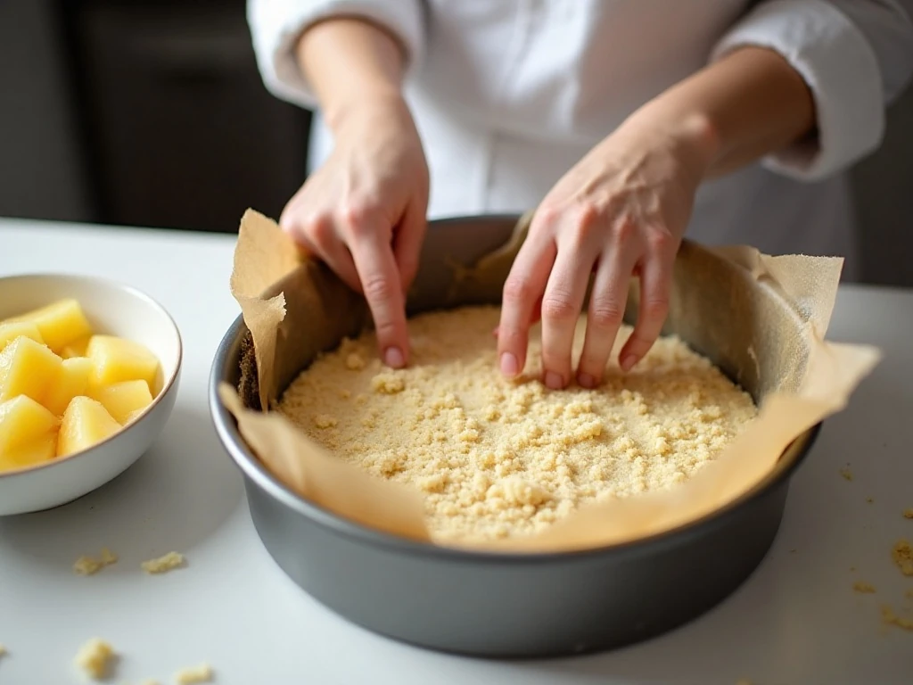 Pressing shortbread dough into a pan for pineapple squares