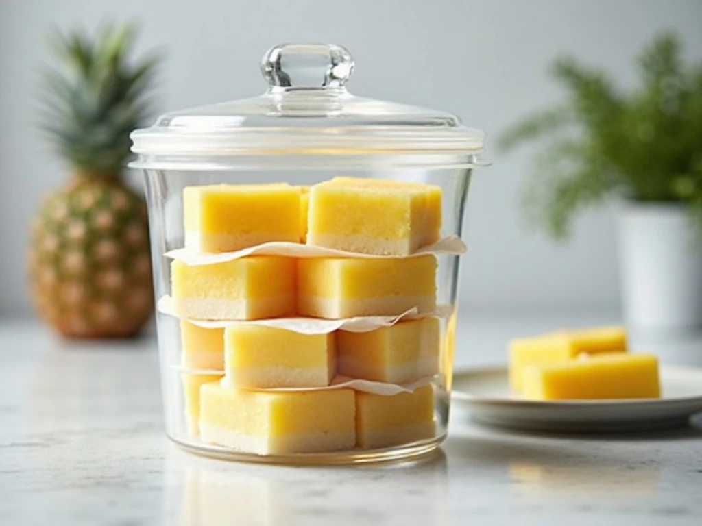 Pineapple squares stored in layers with parchment paper