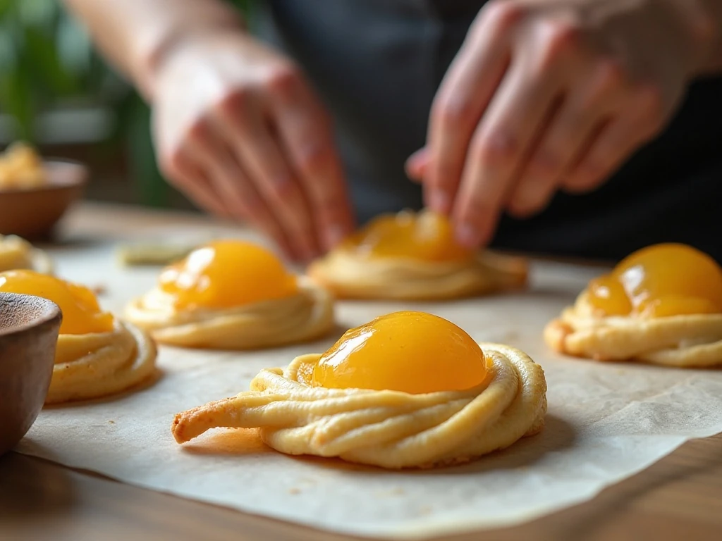 Shaping buttery pastry around pineapple jam for tarts
