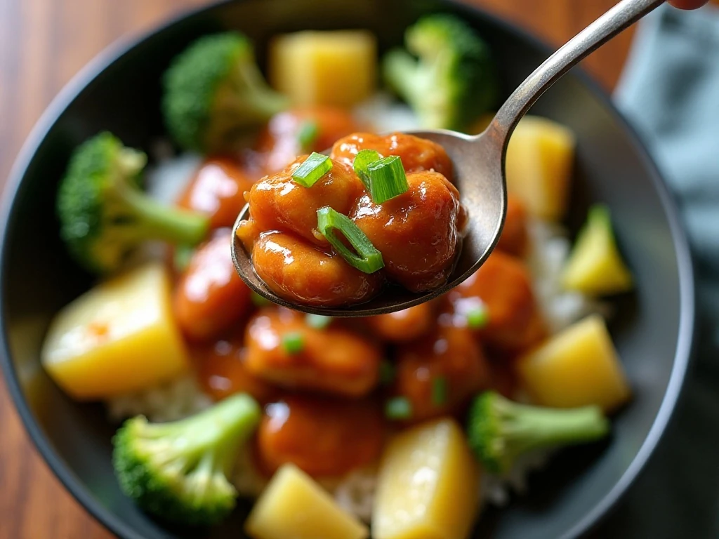 Pineapple teriyaki chicken served over white rice with broccoli