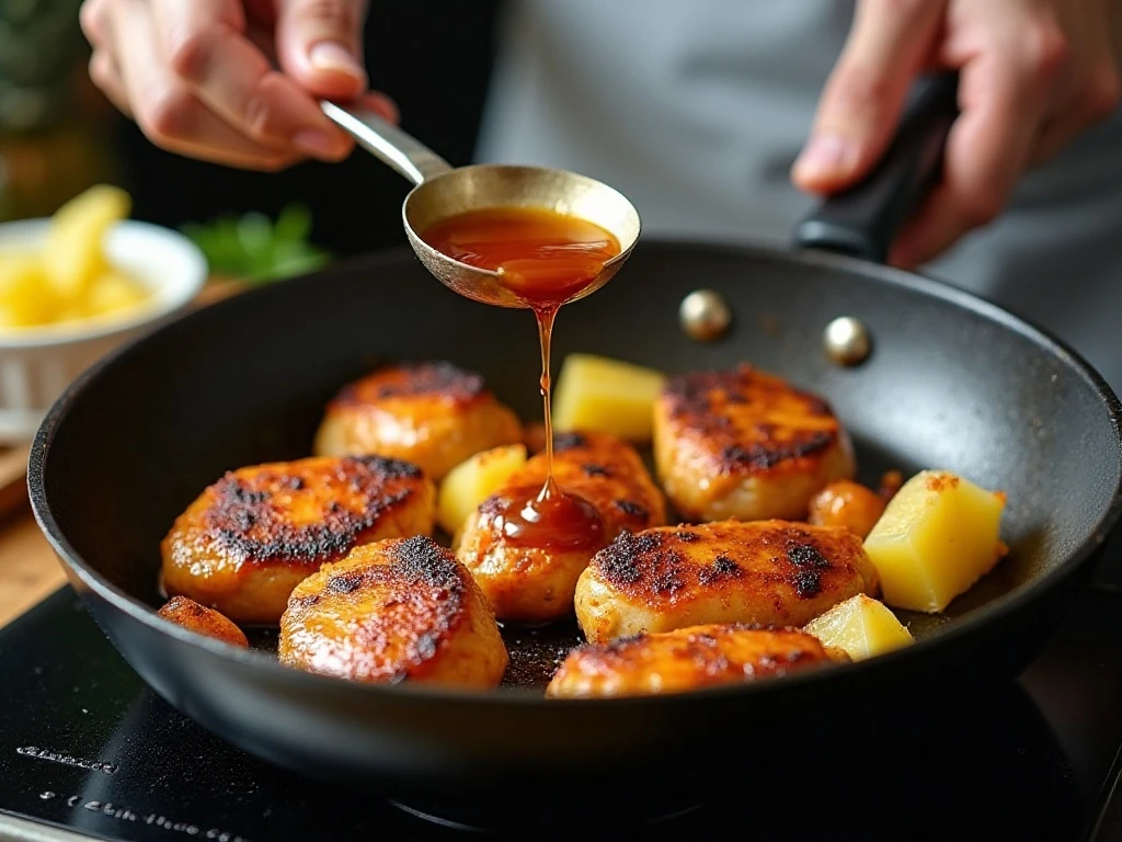 Chicken browning in a skillet before adding pineapple teriyaki sauce