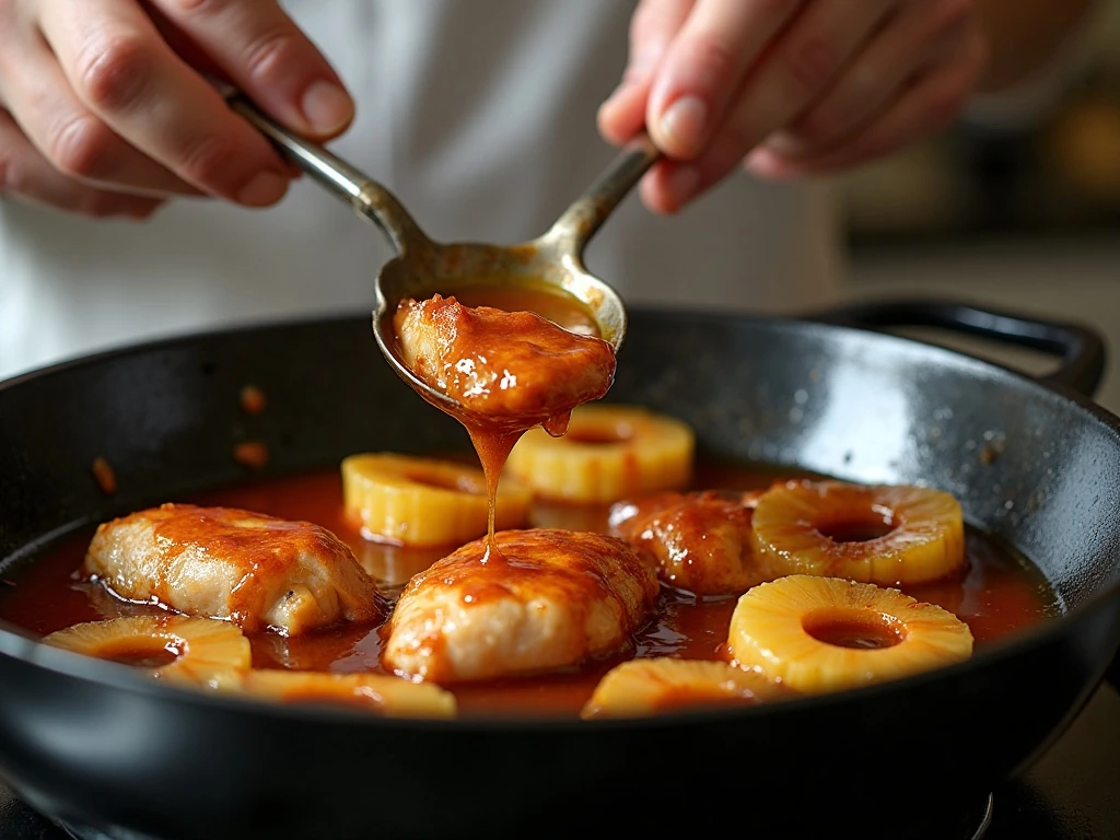 Glossy teriyaki sauce coating chicken and pineapple in a skillet