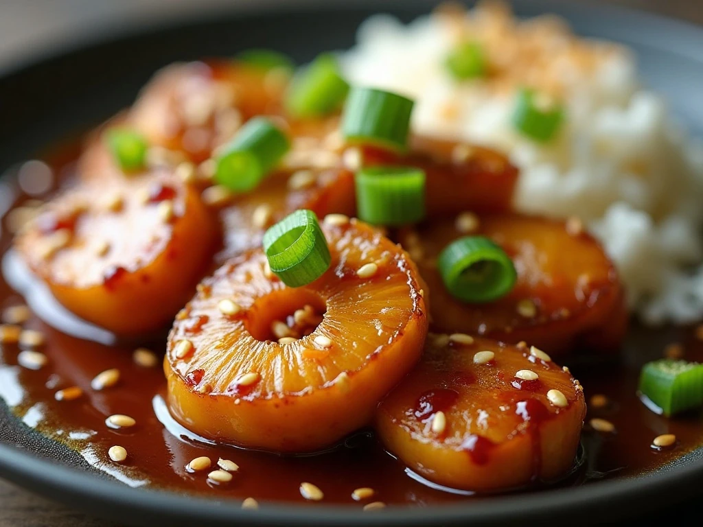 Green onions and sesame seeds garnishing pineapple teriyaki chicken