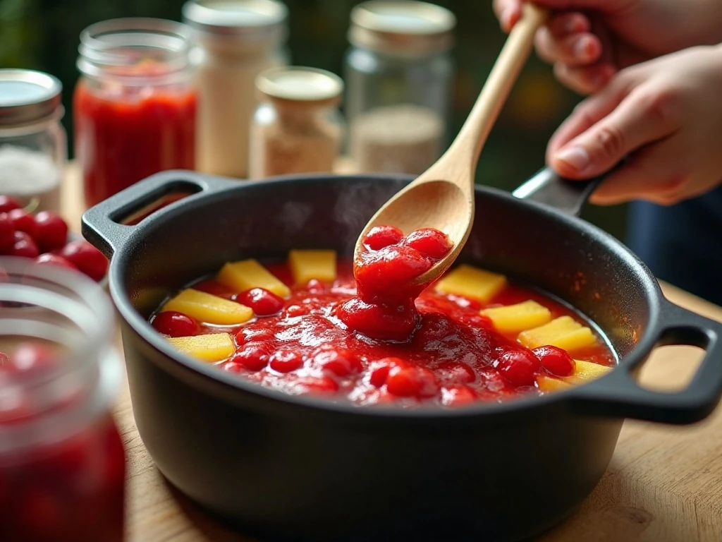 Pineapple and cherry jam cooking in a saucepan