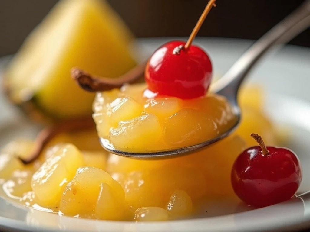 Close-up of soft-set pineapple cherry jam texture