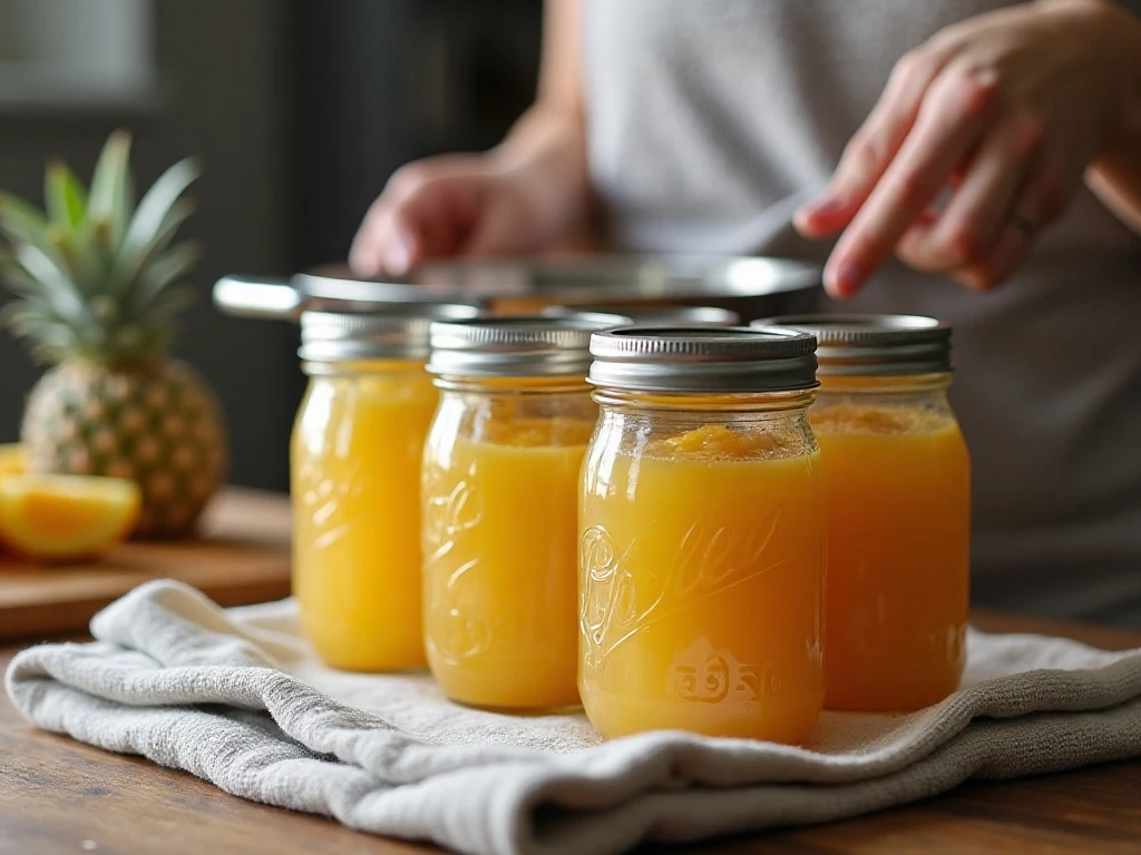 Canned jars of pineapple upside-down cake jam cooling