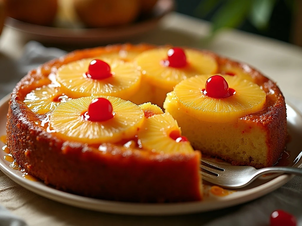 Golden pineapple upside-down cake with pineapple rings and cherries