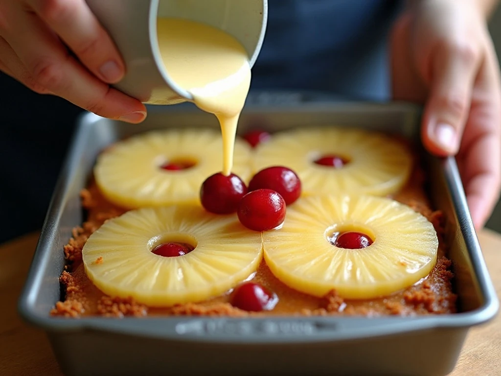 Pouring yellow cake batter over pineapple rings and cherries