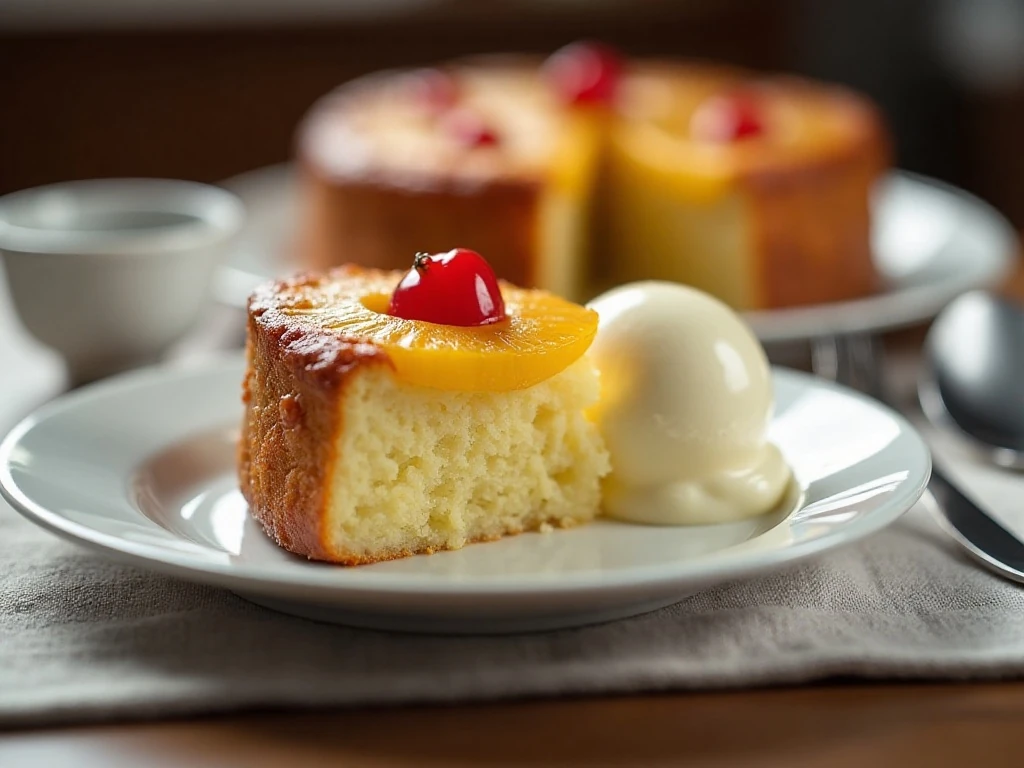 Slice of pineapple upside-down cake served with vanilla ice cream