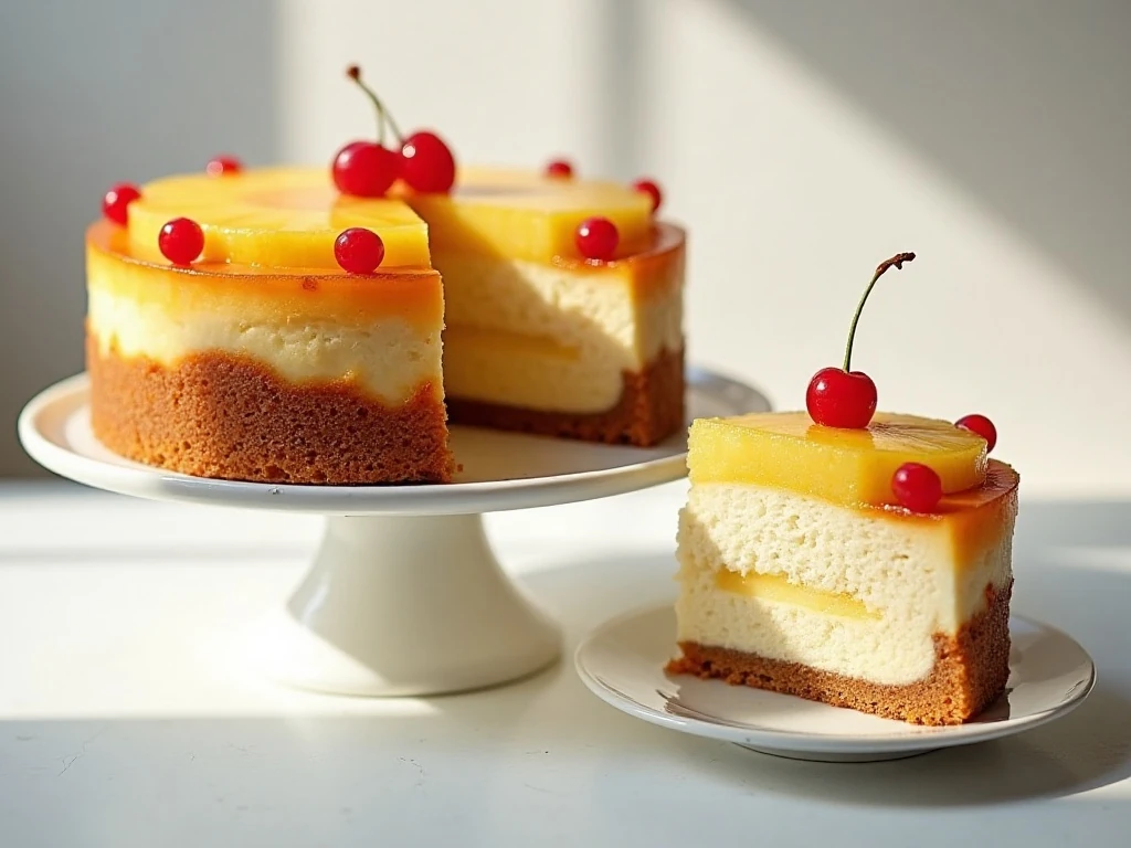 Whole pineapple upside-down cheesecake cake with one slice showing the cheesecake layer
