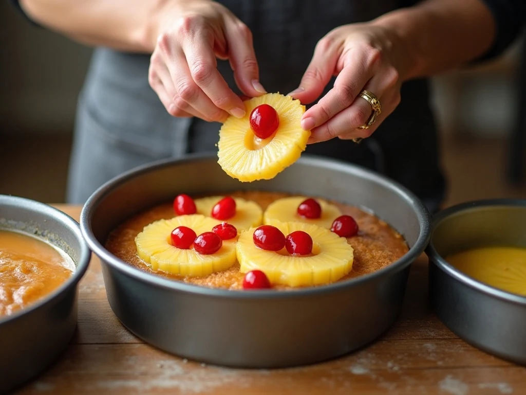 Arranging pineapple rings and cherries in a cake pan for upside-down cake