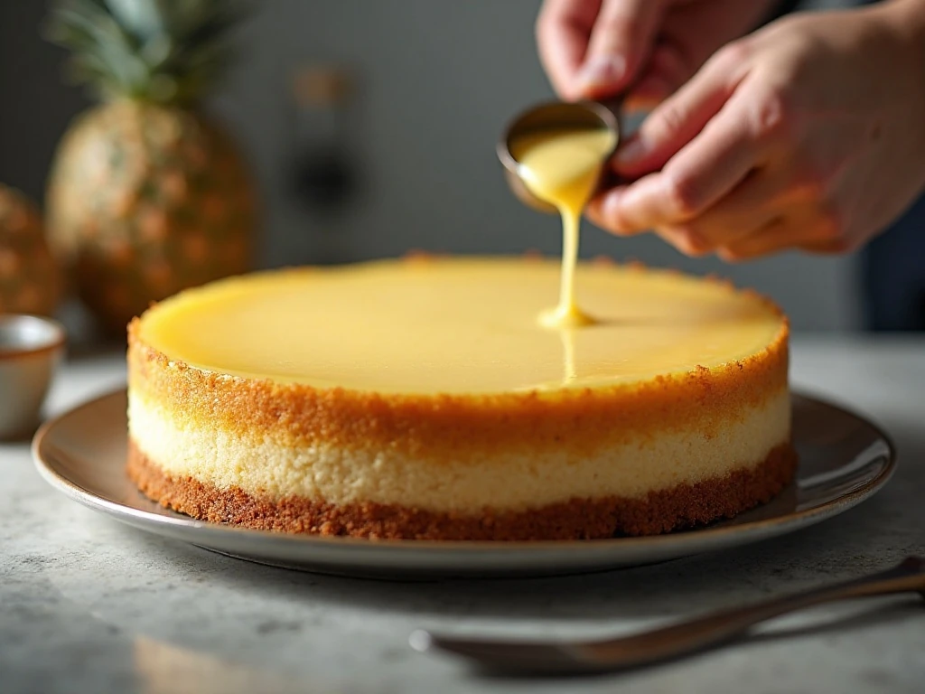 Assembling the chilled cheesecake layer between pineapple cake layers
