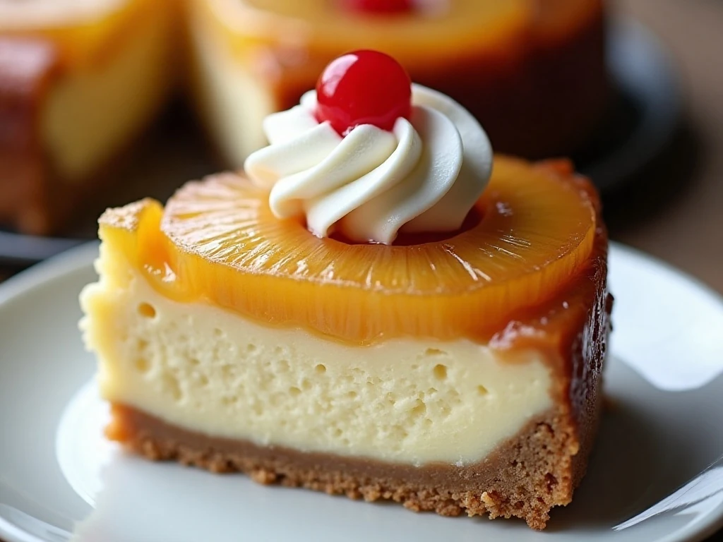 Slice of pineapple upside-down cheesecake cake with whipped cream and cherry garnish