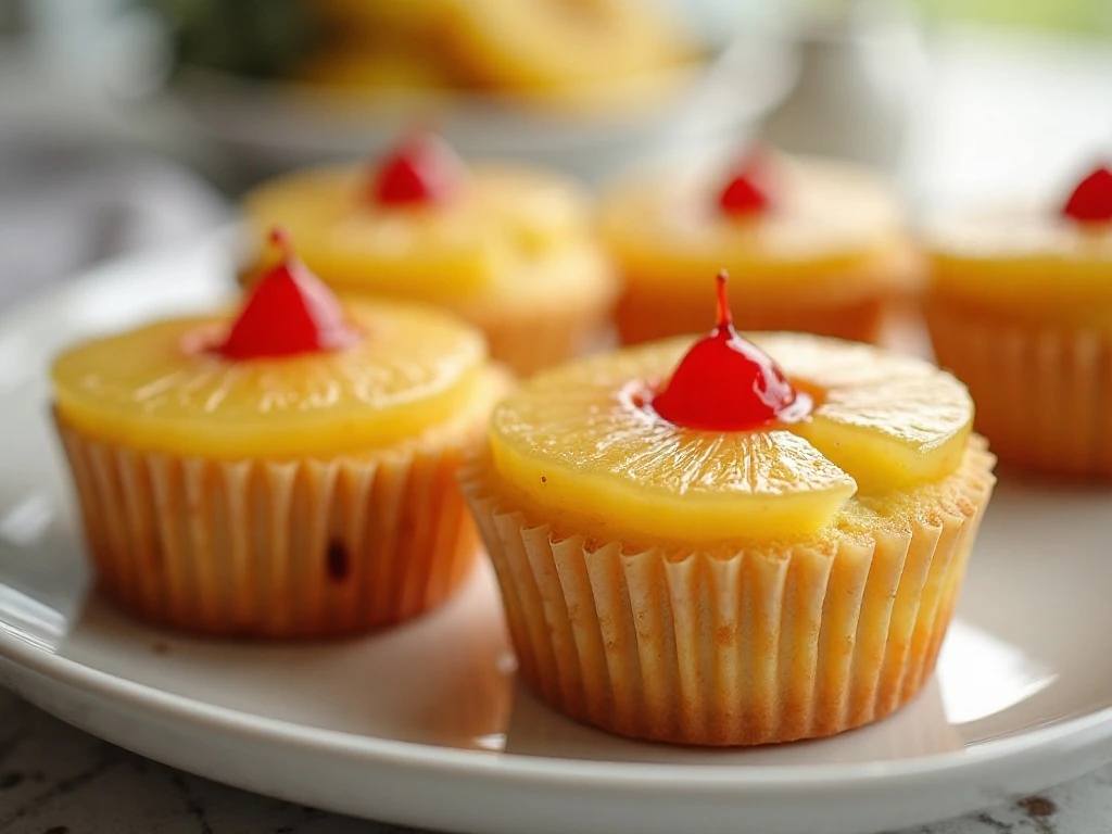Platter of golden pineapple upside-down cupcakes with cherries