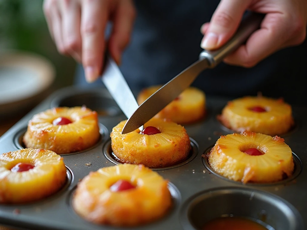 Loosening warm pineapple upside-down cupcakes from the pan