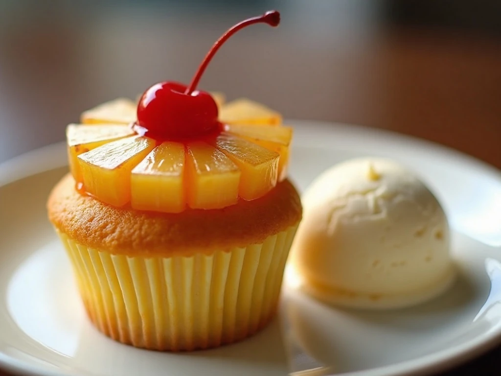 Pineapple upside-down cupcake served with vanilla ice cream