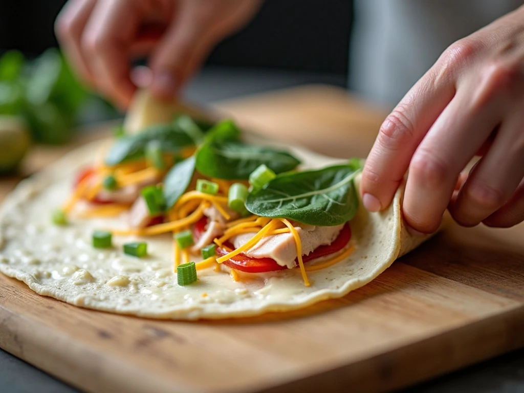 Assembling a tortilla pinwheel sandwich with creamy filling and deli meat