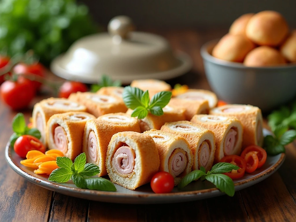 Make-ahead pinwheel sandwiches arranged on a serving platter