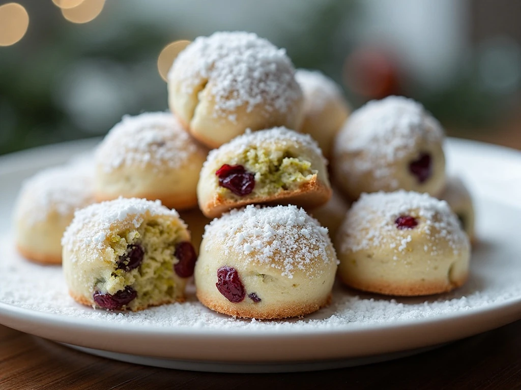 Pistachio cherry snowball cookies arranged on a festive dessert plate