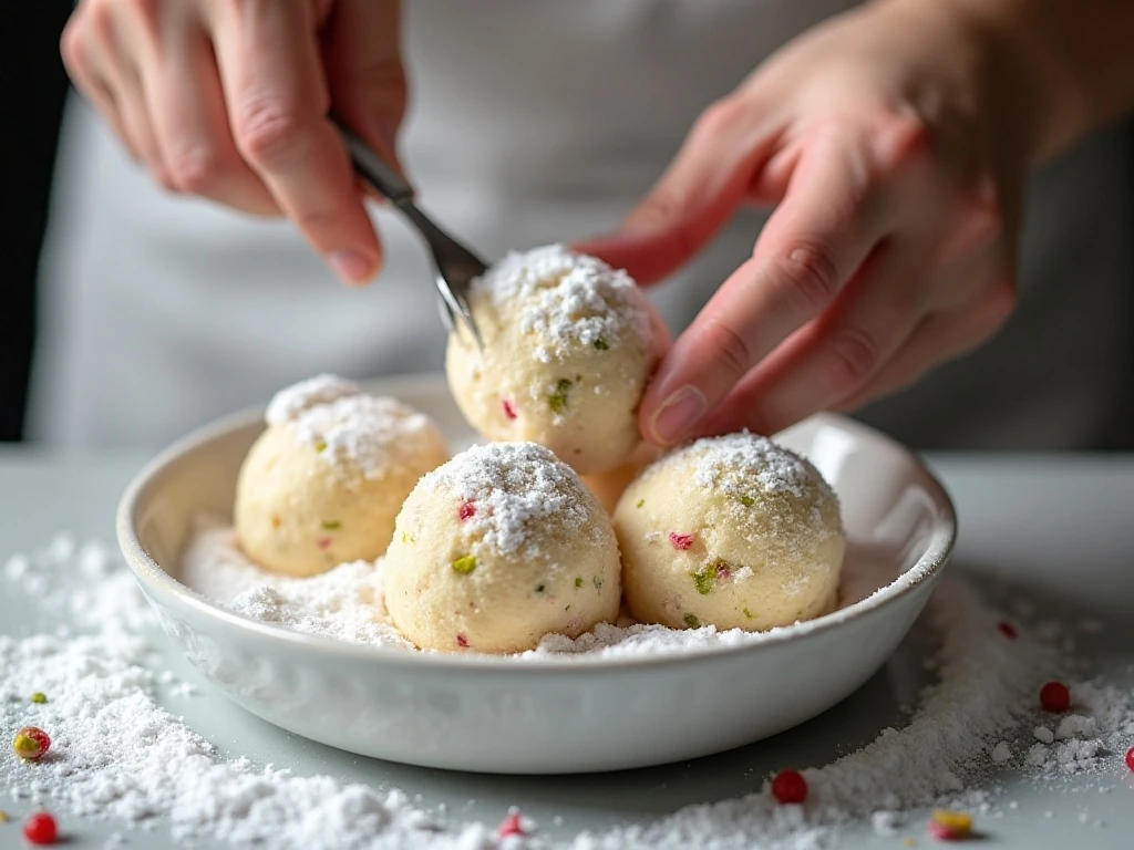 Freshly baked snowball cookies being coated in powdered sugar