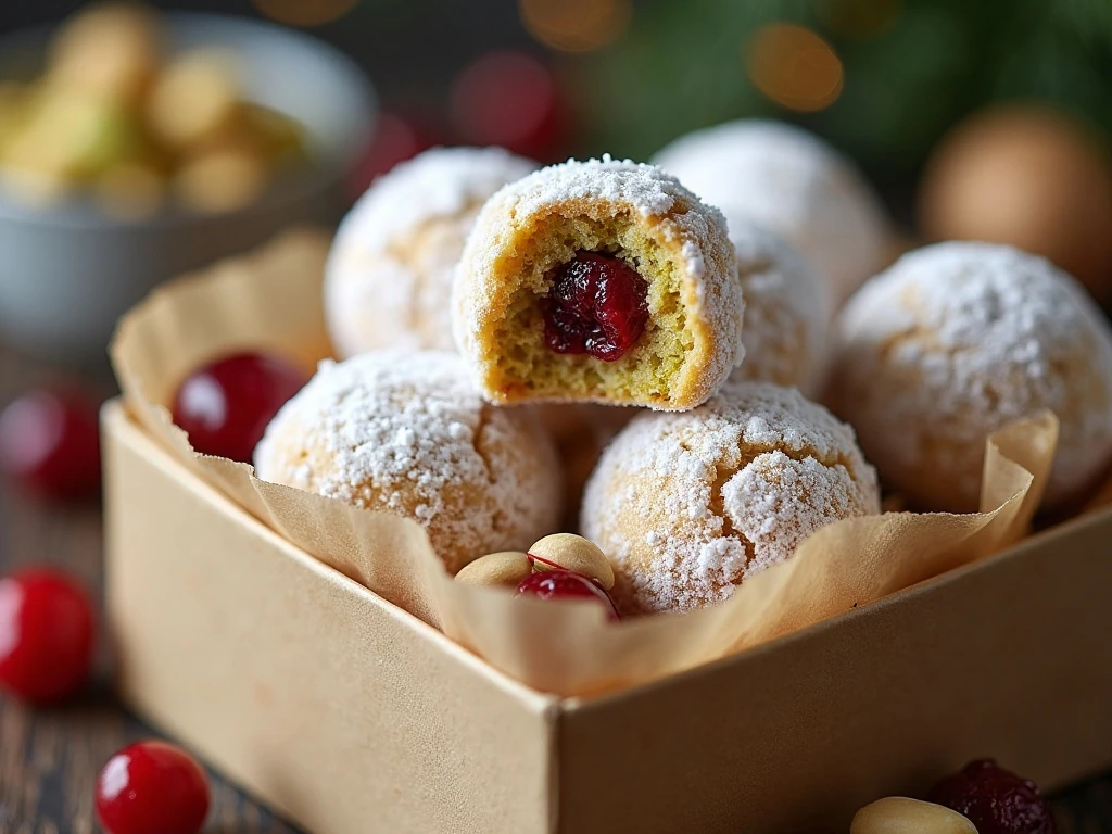 Pistachio cherry snowball cookies packed for serving or gifting