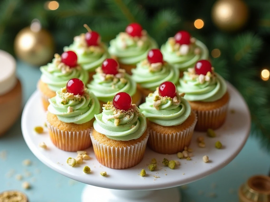 Pistachio Christmas cupcakes with cherries arranged on a festive cake stand